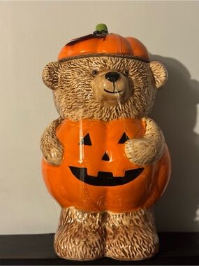 Creepy critters Brown Bear Pumpkin Cookie Jar - Orange Halloween Bear ceramic
